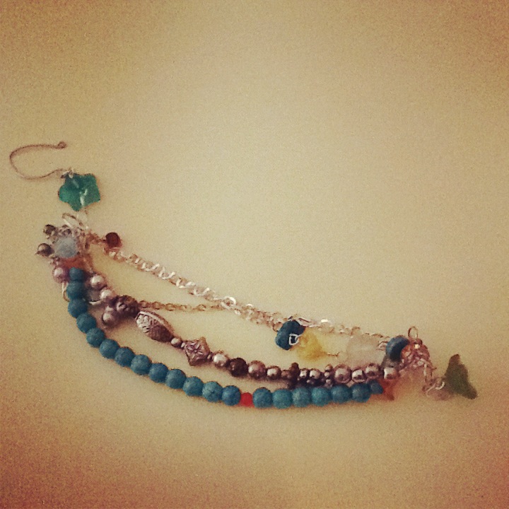 Multi Strand Summer Bracelet. Brass Chain. Silver Plated Chain. Freshwater Pearls. Czech Beads. Metal Beads. Jade.